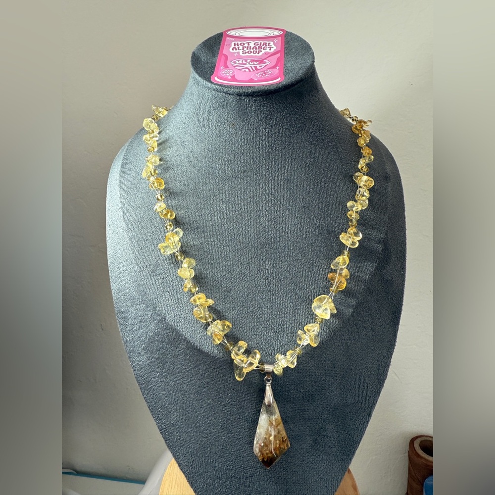 Yellow Beaded Necklace with Triangular Pendant